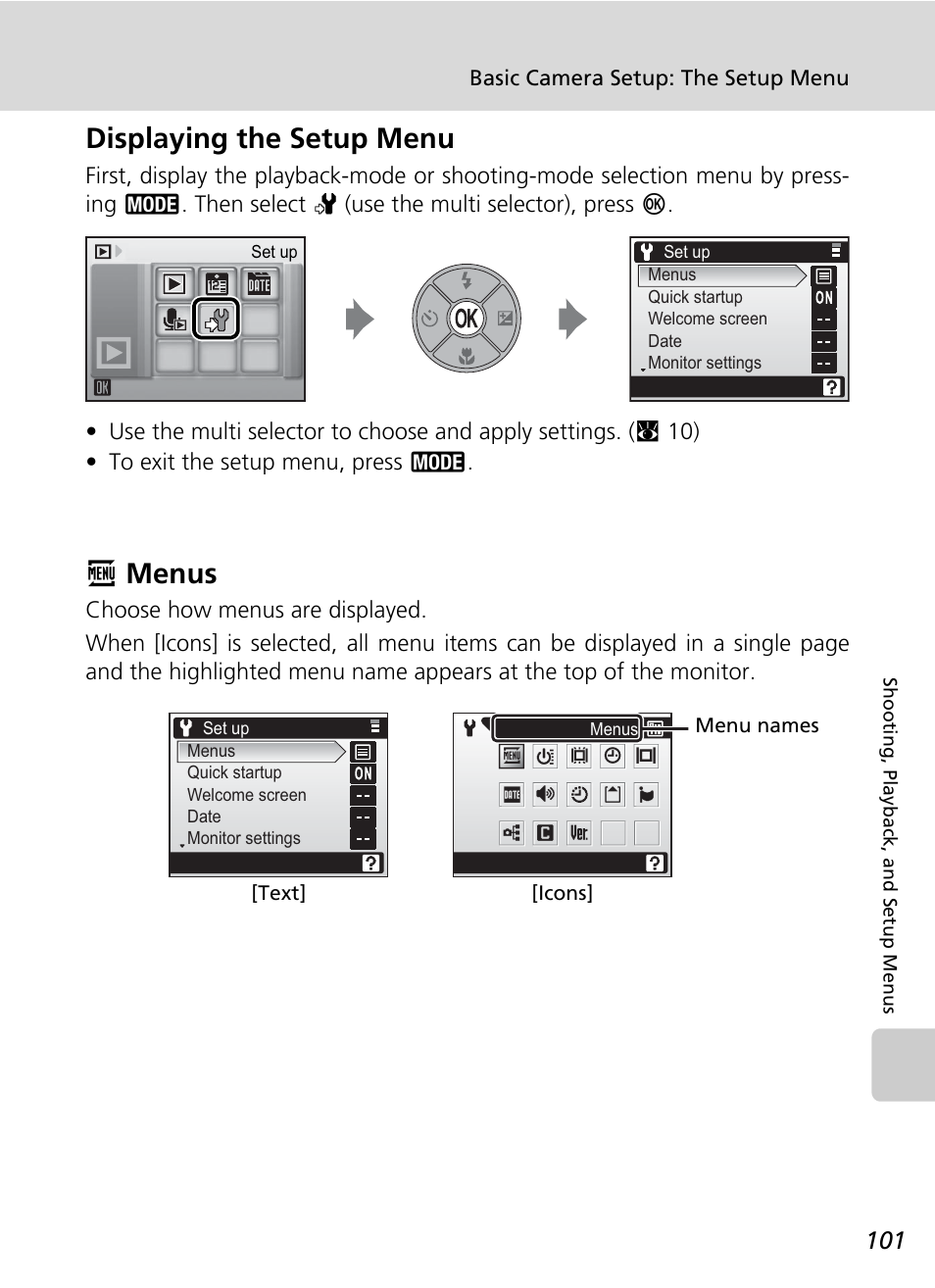 Displaying the setup menu, Menus, Rmenus | Nikon Coolpix S200 User Manual | Page 115 / 152