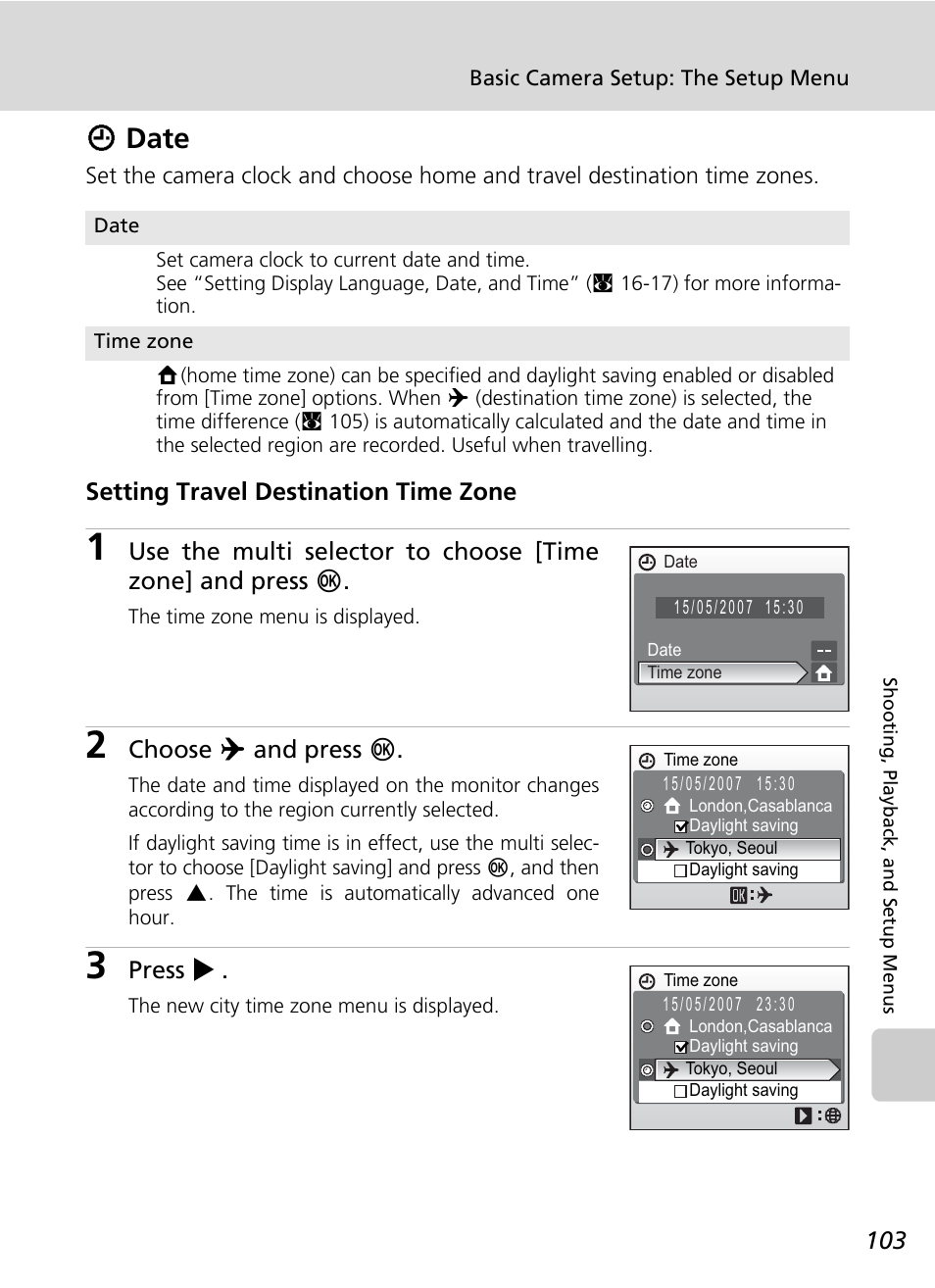 Date, Wdate, Setting travel destination time zone | Choose y and press d, Press j | Nikon Coolpix S200 User Manual | Page 117 / 152