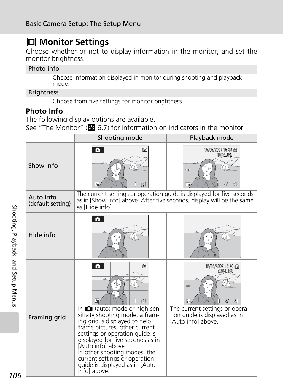 Monitor settings, Zmonitor settings, Photo info | Nikon Coolpix S200 User Manual | Page 120 / 152