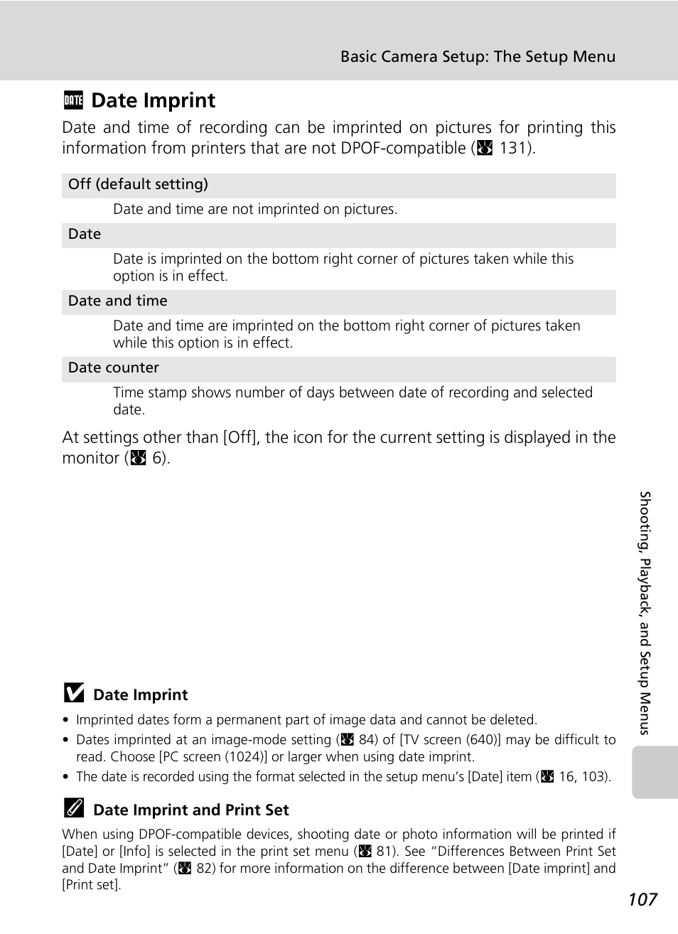 Date imprint, Fdate imprint | Nikon Coolpix S200 User Manual | Page 121 / 152