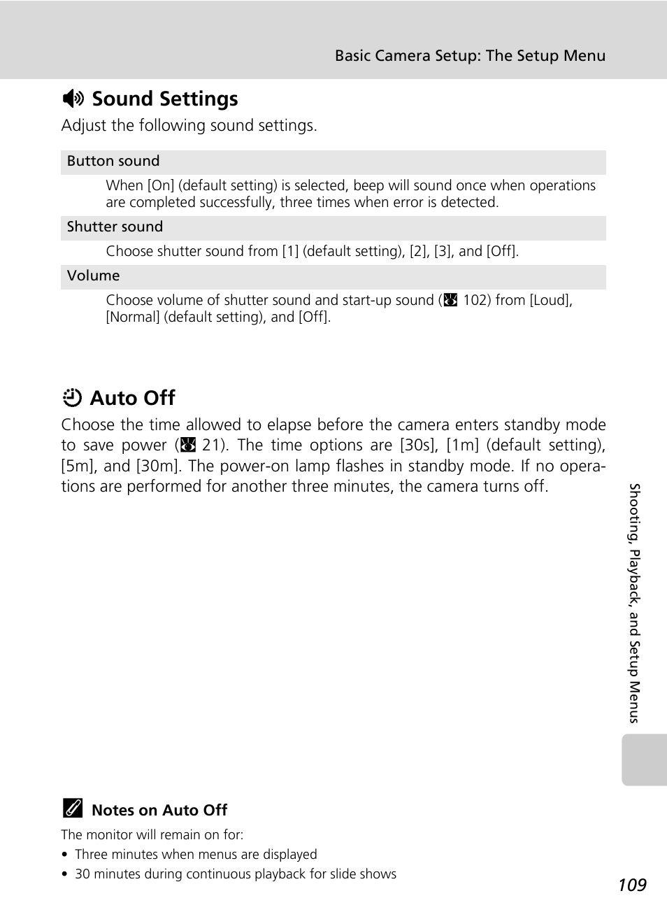 Sound settings, Auto off, Hsound settings | Iauto off | Nikon Coolpix S200 User Manual | Page 123 / 152