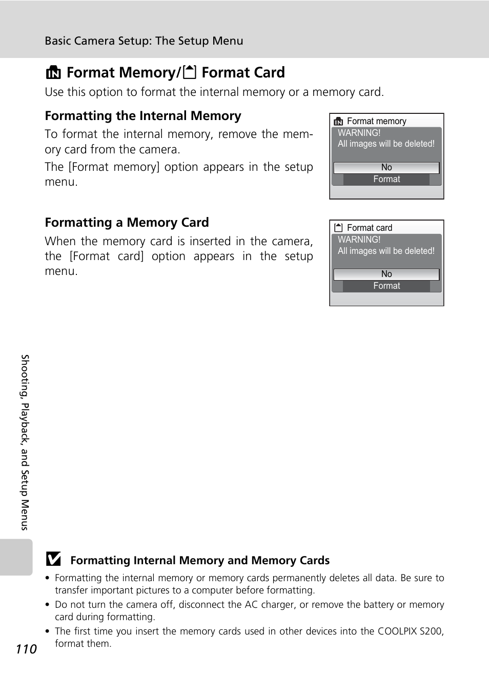 Format memory/format card | Nikon Coolpix S200 User Manual | Page 124 / 152