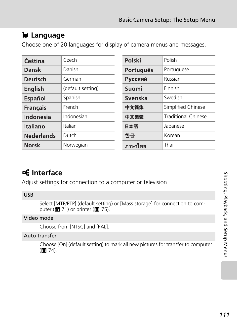 Language, Interface, Jlanguage | Kinterface | Nikon Coolpix S200 User Manual | Page 125 / 152