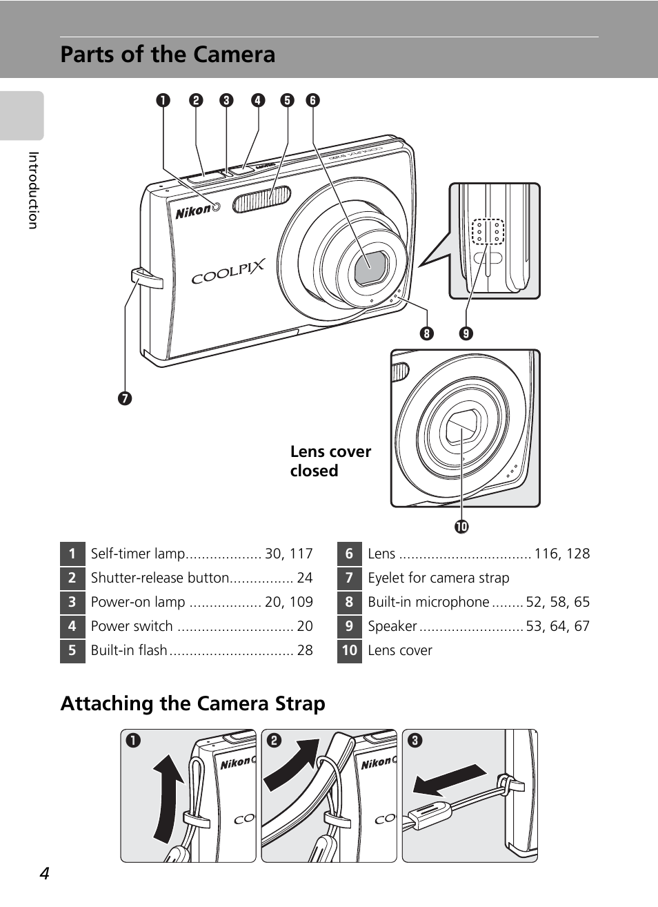 Parts of the camera, Attaching the camera strap | Nikon Coolpix S200 User Manual | Page 18 / 152