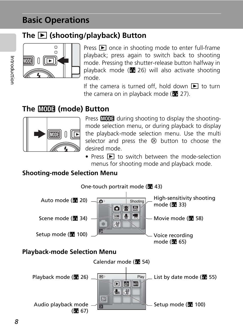 Basic operations, The shooting/playback button, The mode button | Nikon Coolpix S200 User Manual | Page 22 / 152