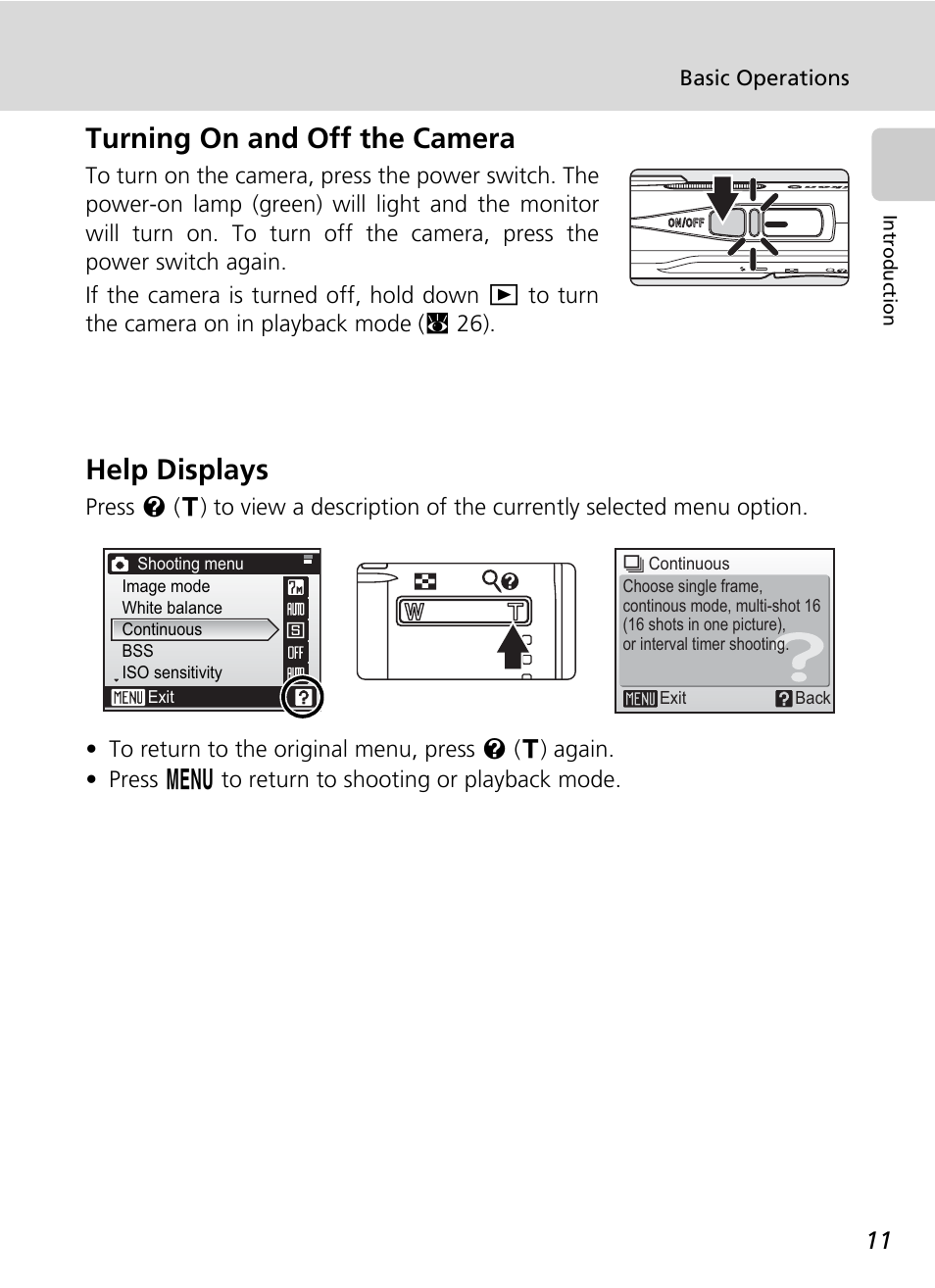 Turning on and off the camera, Help displays | Nikon Coolpix S200 User Manual | Page 25 / 152