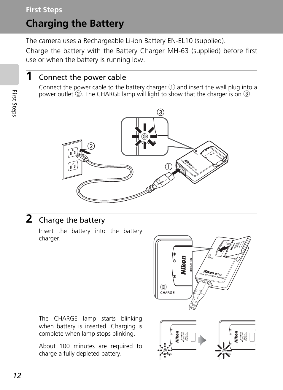 First steps, Charging the battery | Nikon Coolpix S200 User Manual | Page 26 / 152