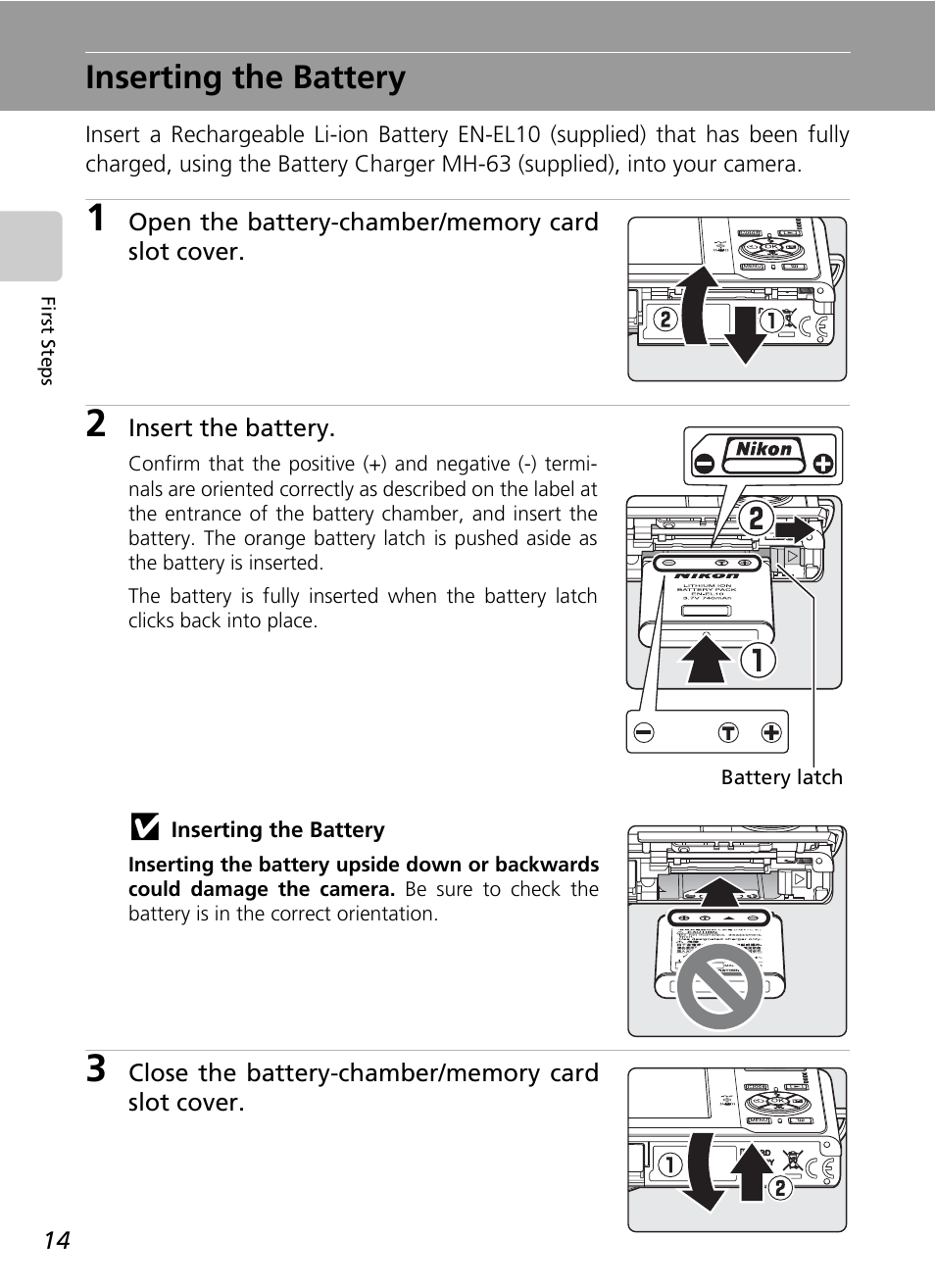 Inserting the battery | Nikon Coolpix S200 User Manual | Page 28 / 152