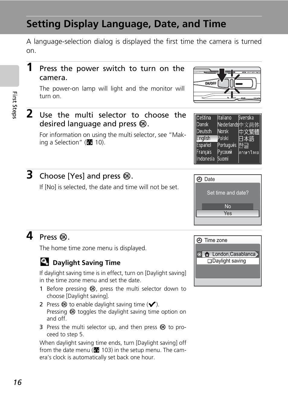 Setting display language, date, and time | Nikon Coolpix S200 User Manual | Page 30 / 152