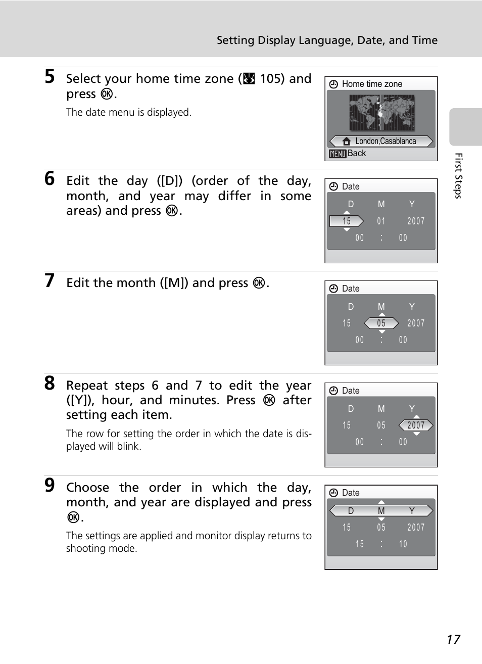 Select your home time zone (c 105) and press d, Edit the month ([m]) and press d | Nikon Coolpix S200 User Manual | Page 31 / 152