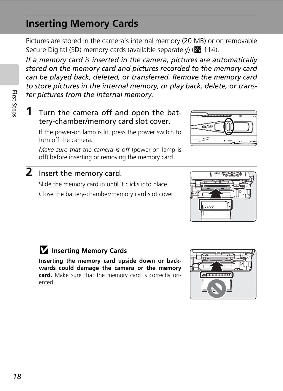 Inserting memory cards | Nikon Coolpix S200 User Manual | Page 32 / 152