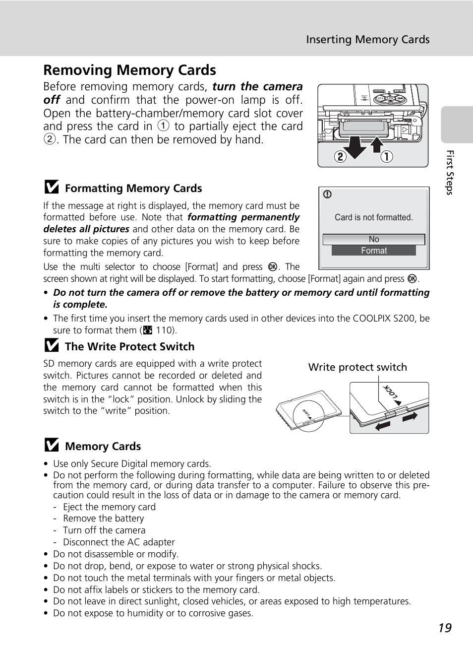 Removing memory cards | Nikon Coolpix S200 User Manual | Page 33 / 152