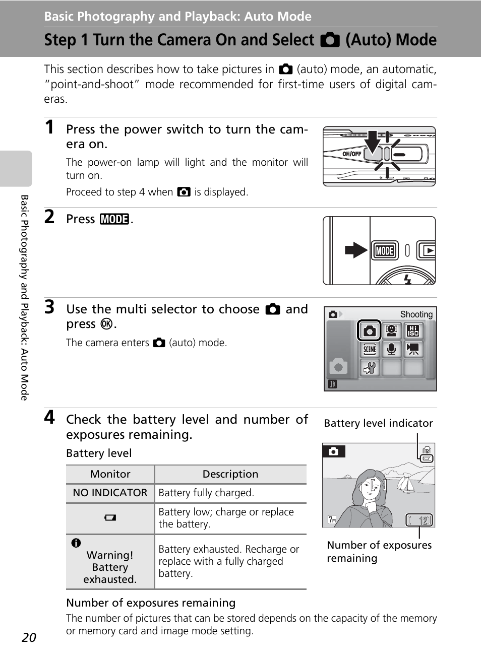 Basic photography and playback: auto mode, Step 1 turn the camera on and select auto mode, Step 1 turn the camera on and select l (auto) mode | Nikon Coolpix S200 User Manual | Page 34 / 152