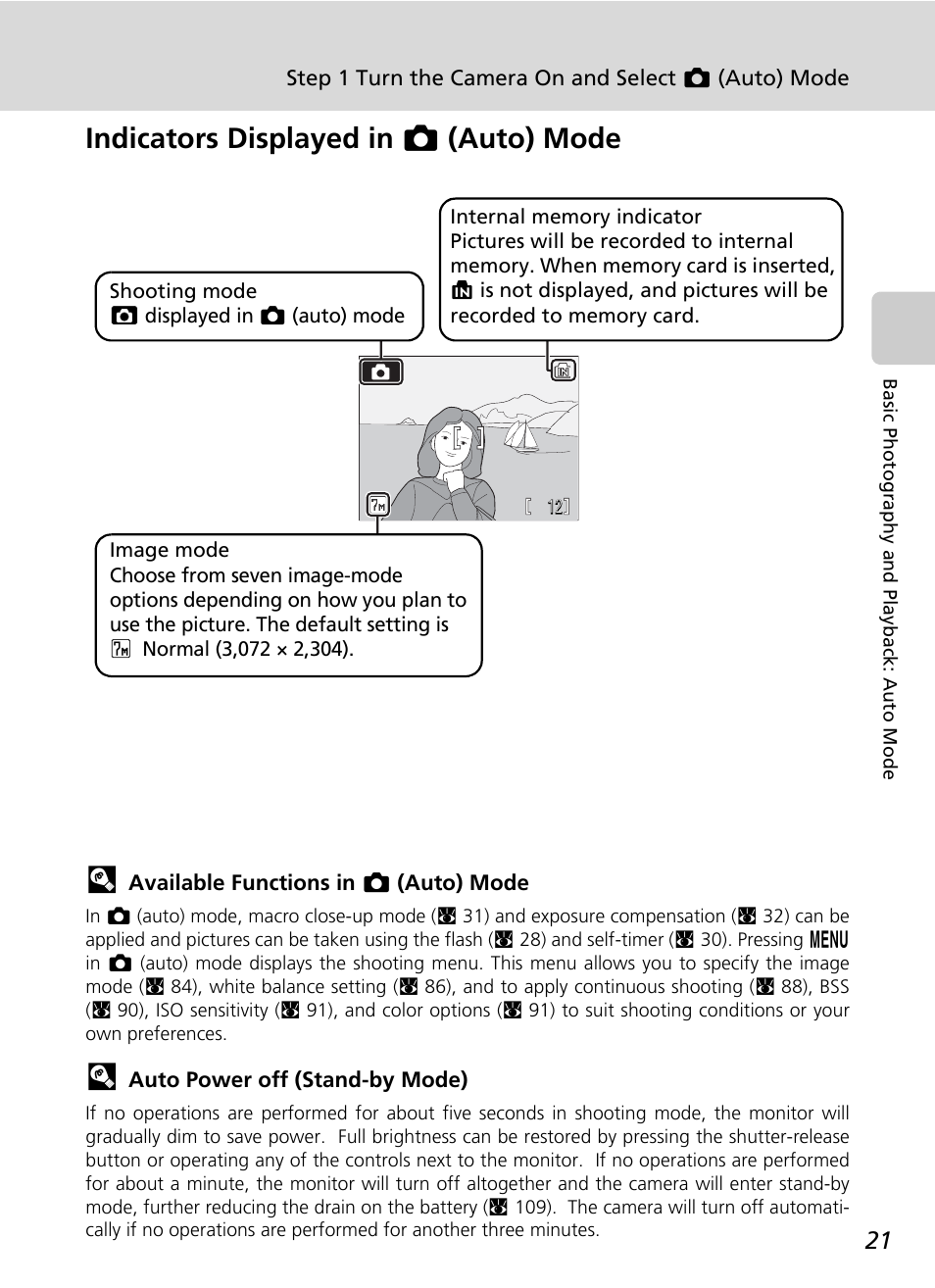 Indicators displayed in l (auto) mode | Nikon Coolpix S200 User Manual | Page 35 / 152