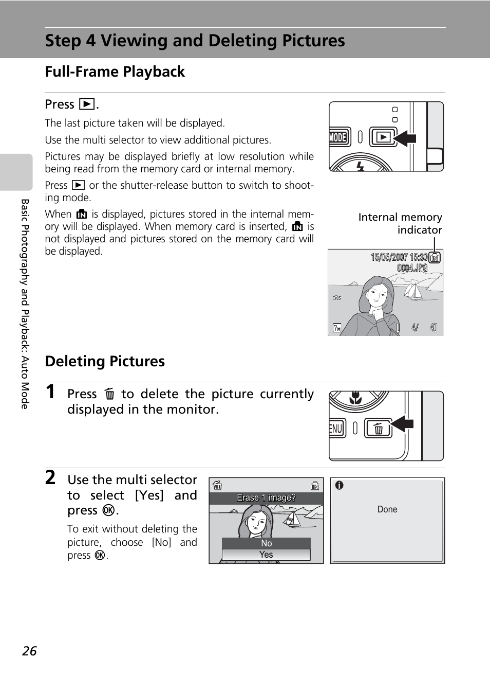 Step 4 viewing and deleting pictures, Full-frame playback, Deleting pictures | Press i, Use the multi selector to select [yes] and press d | Nikon Coolpix S200 User Manual | Page 40 / 152