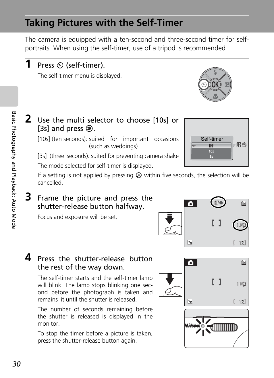 Taking pictures with the self-timer | Nikon Coolpix S200 User Manual | Page 44 / 152