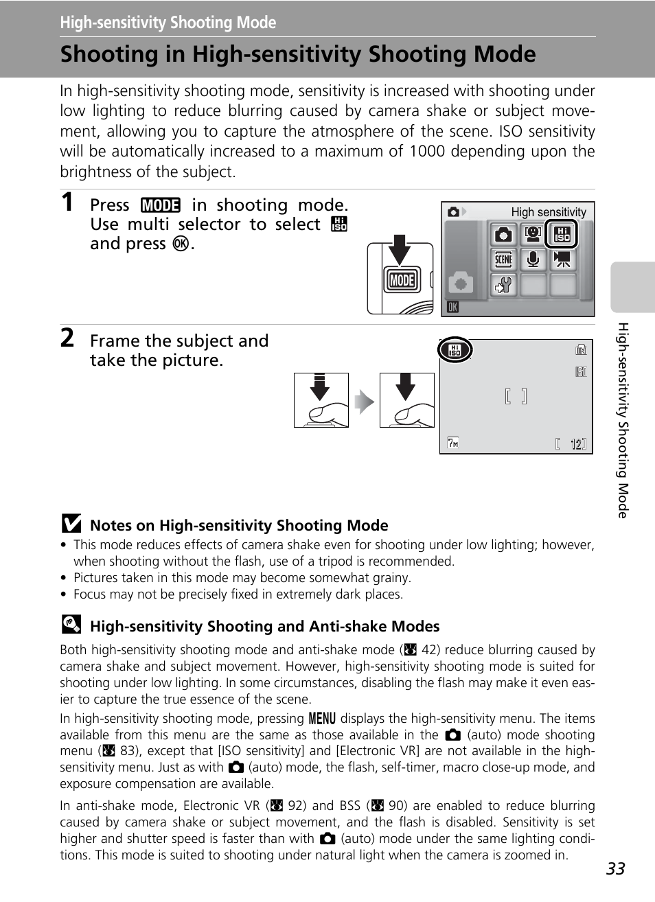 High-sensitivity shooting mode, Shooting in high-sensitivity shooting mode | Nikon Coolpix S200 User Manual | Page 47 / 152