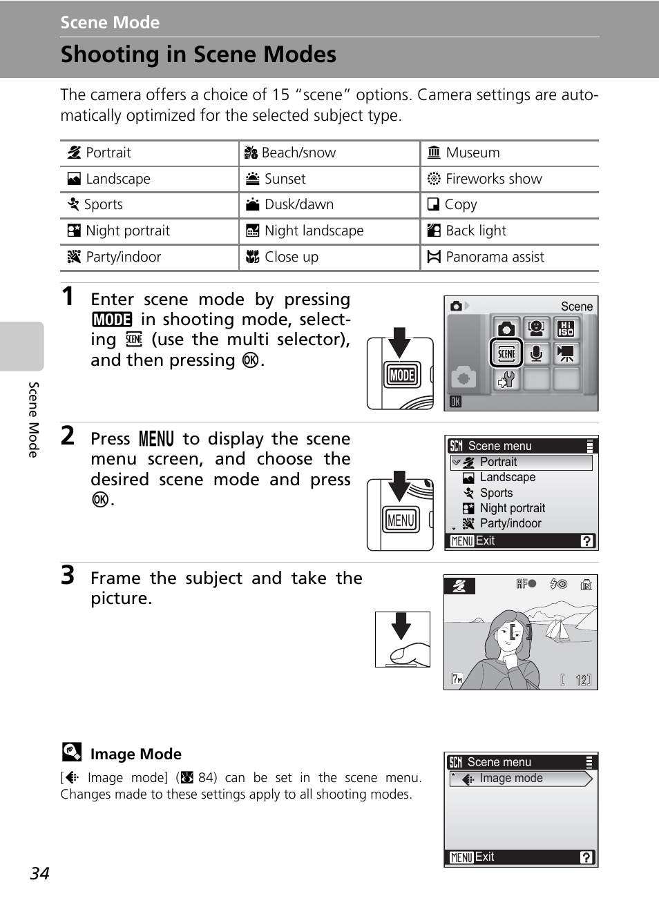 Scene mode, Shooting in scene modes | Nikon Coolpix S200 User Manual | Page 48 / 152