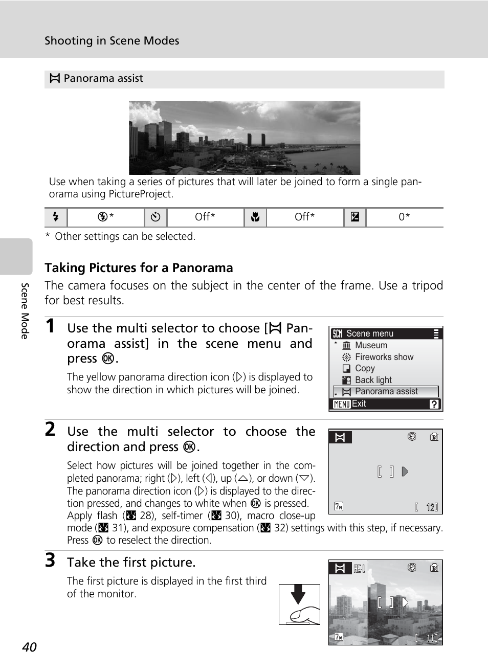 Taking pictures for a panorama, Take the first picture | Nikon Coolpix S200 User Manual | Page 54 / 152