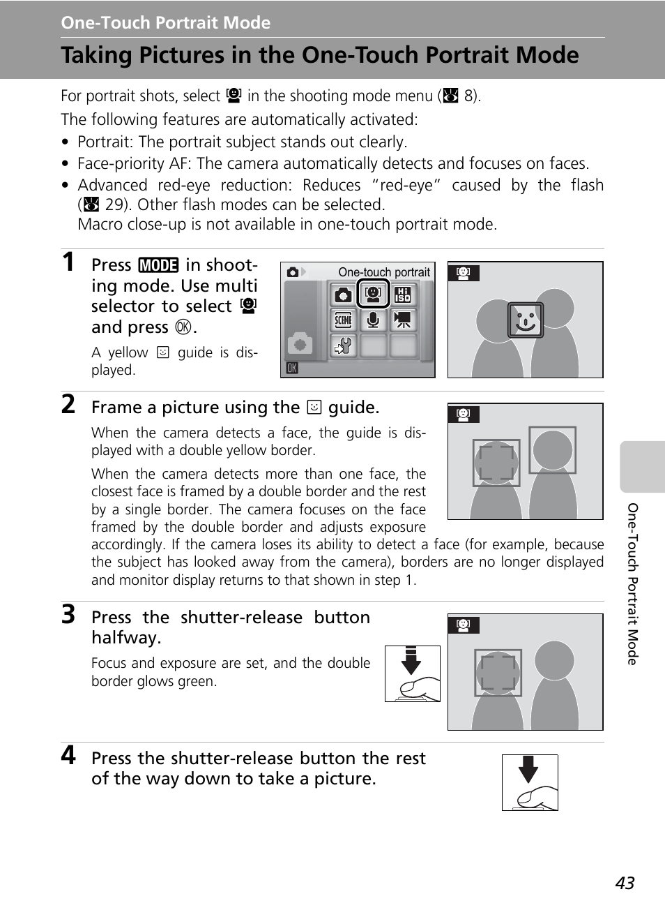One-touch portrait mode, Taking pictures in the one-touch portrait mode | Nikon Coolpix S200 User Manual | Page 57 / 152