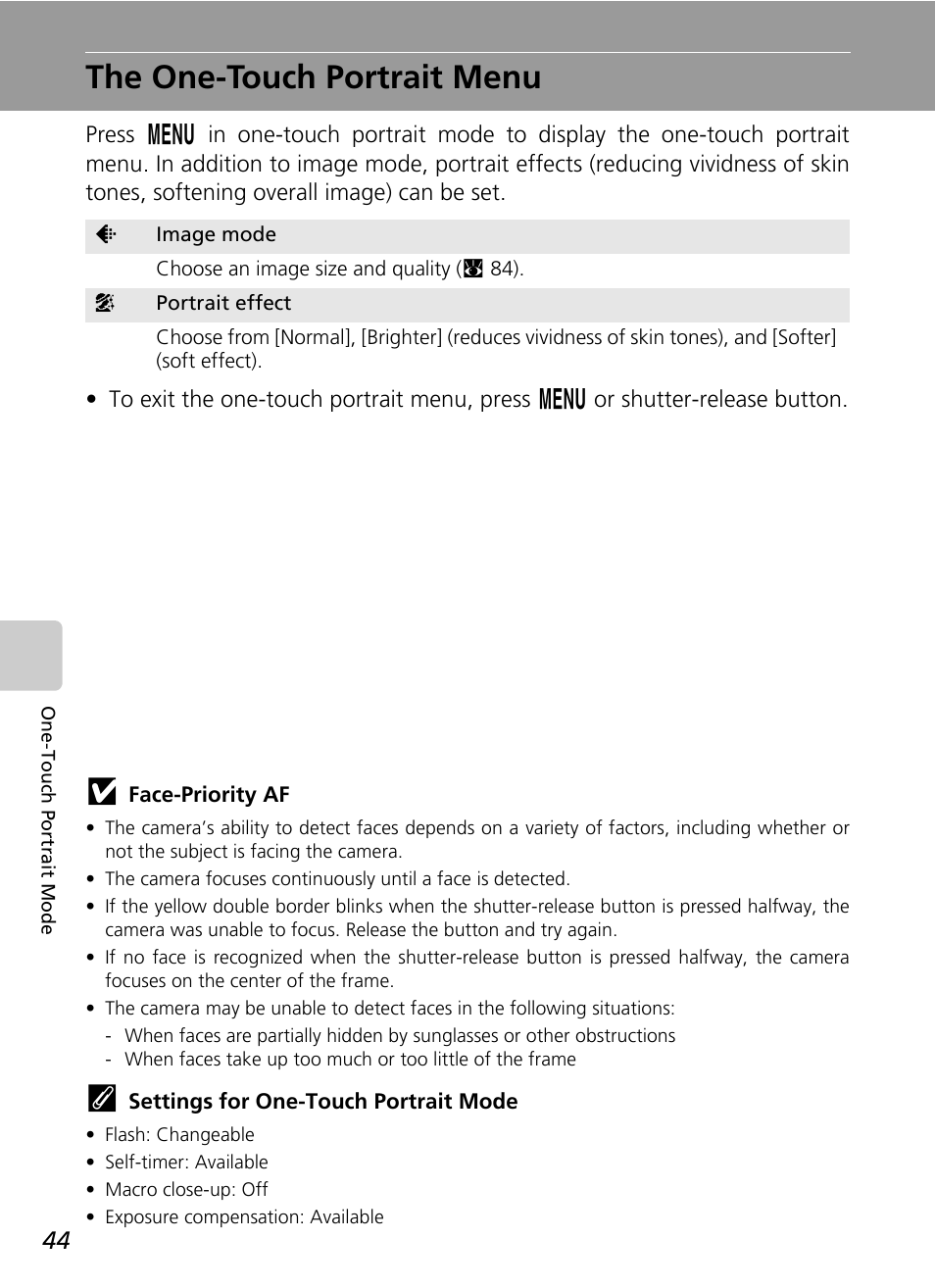 The one-touch portrait menu | Nikon Coolpix S200 User Manual | Page 58 / 152