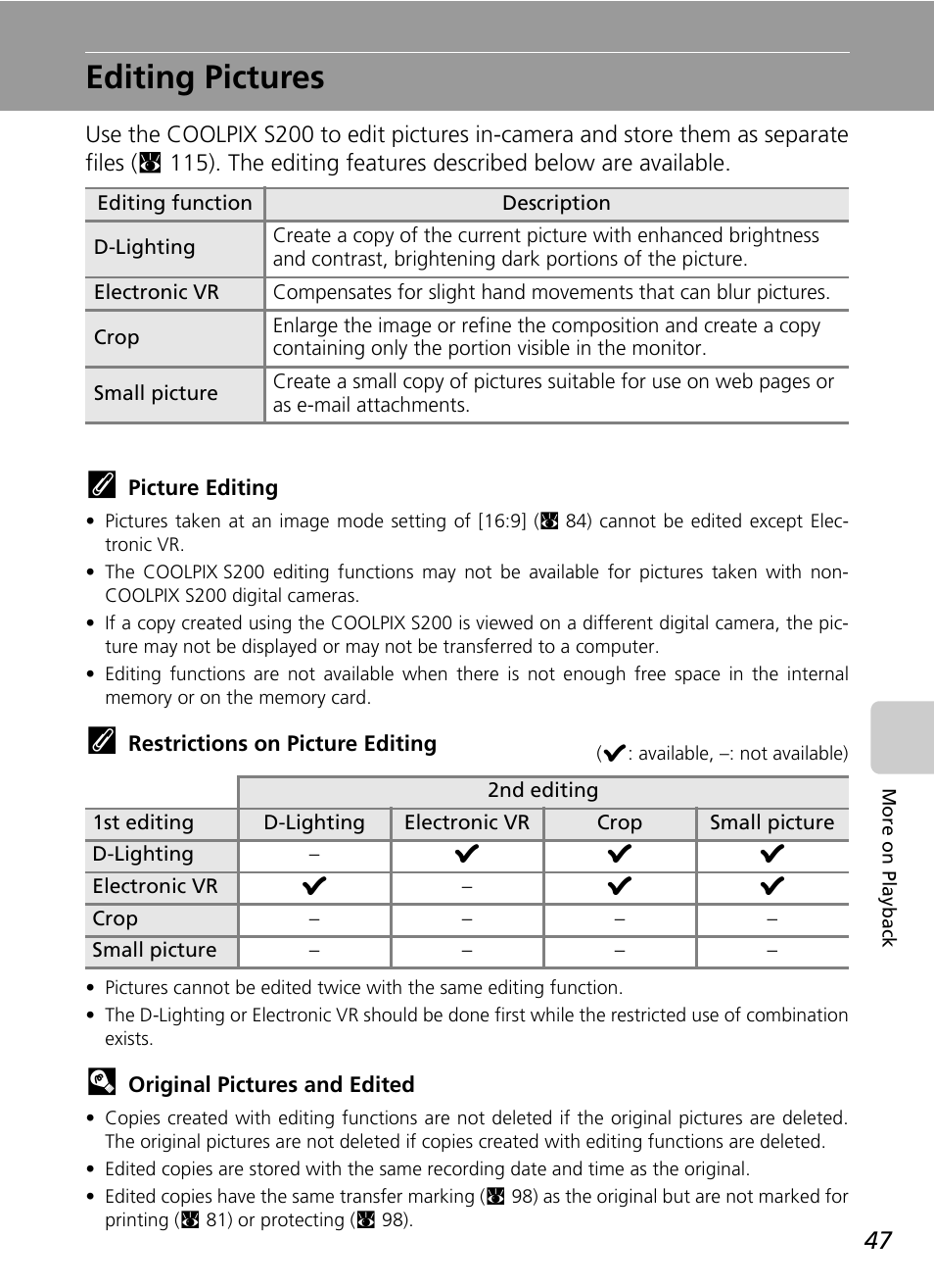 Editing pictures | Nikon Coolpix S200 User Manual | Page 61 / 152