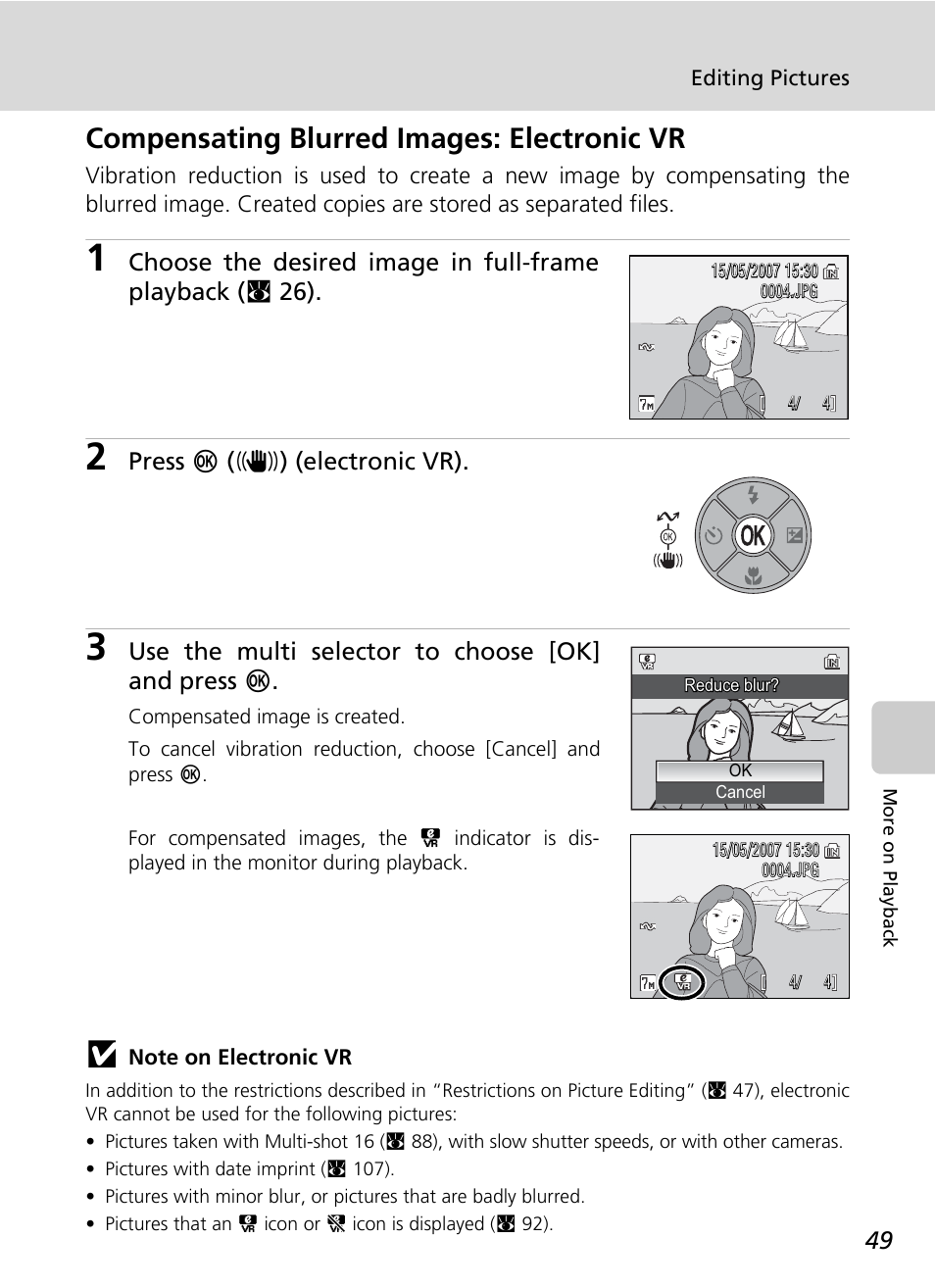 Compensating blurred images: electronic vr, Press d (f) (electronic vr), Use the multi selector to choose [ok] and press d | Nikon Coolpix S200 User Manual | Page 63 / 152