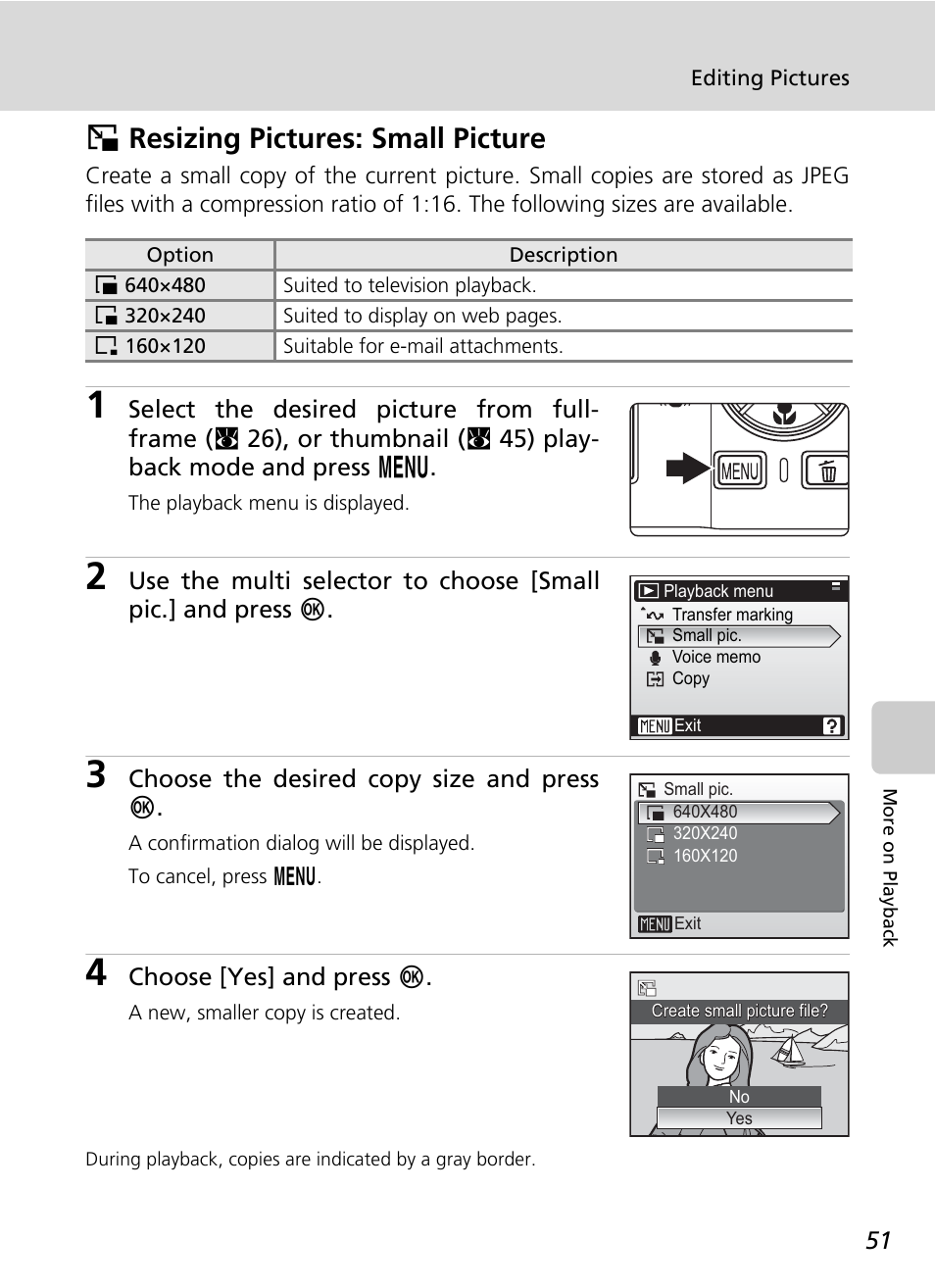 Resizing pictures: small picture, Small pic, Hresizing pictures: small picture | Nikon Coolpix S200 User Manual | Page 65 / 152