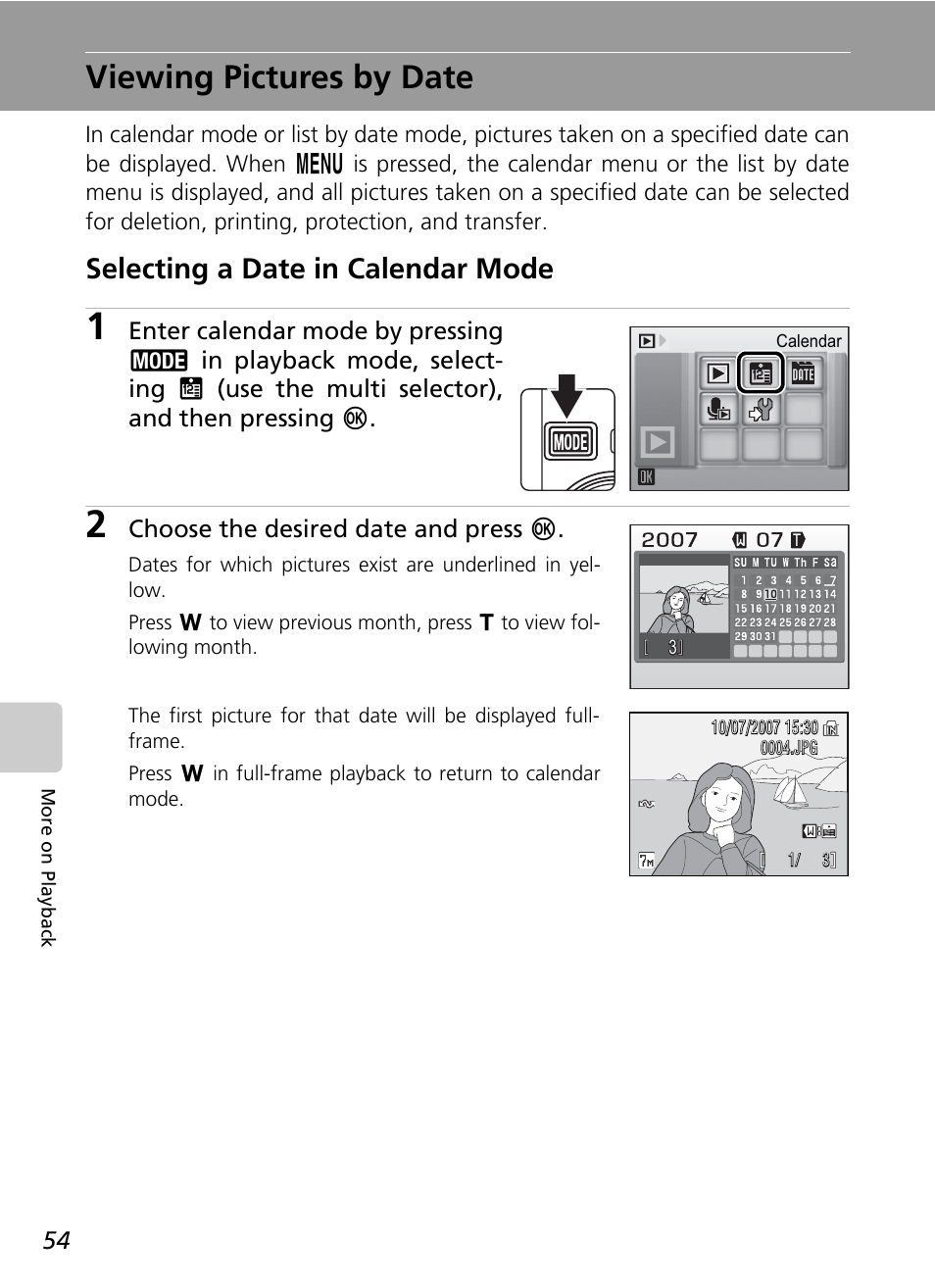 Viewing pictures by date, Selecting a date in calendar mode | Nikon Coolpix S200 User Manual | Page 68 / 152