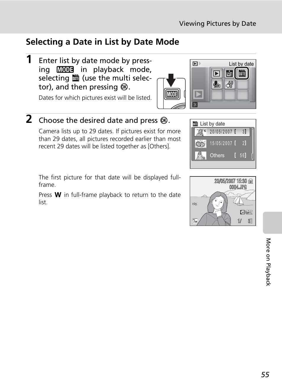 Selecting a date in list by date mode, Choose the desired date and press d | Nikon Coolpix S200 User Manual | Page 69 / 152