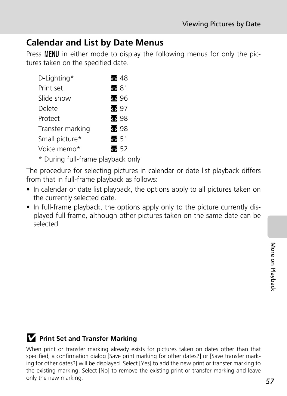 Calendar and list by date menus | Nikon Coolpix S200 User Manual | Page 71 / 152