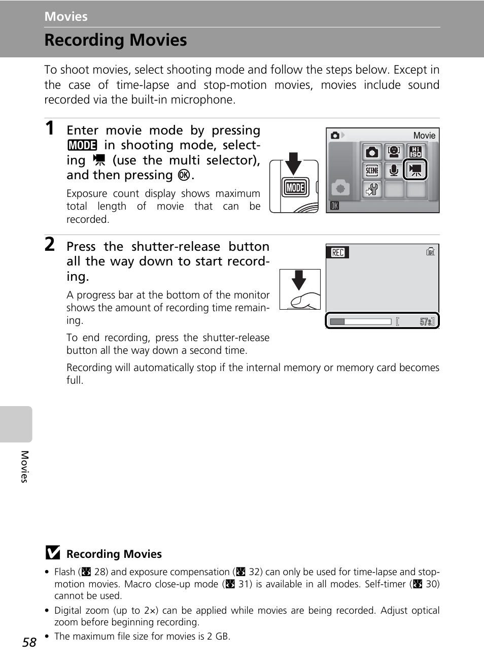 Movies, Recording movies | Nikon Coolpix S200 User Manual | Page 72 / 152