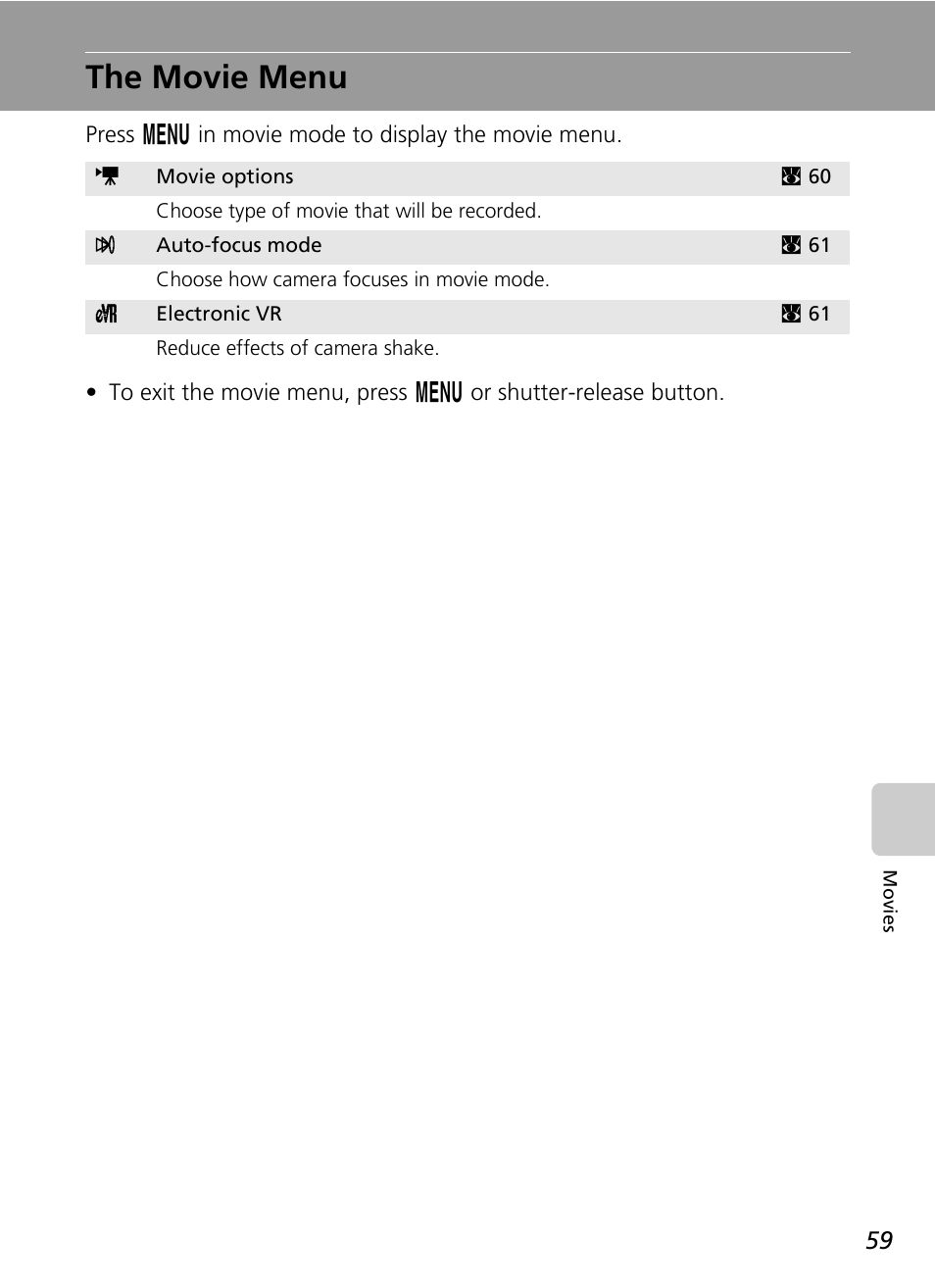 The movie menu | Nikon Coolpix S200 User Manual | Page 73 / 152