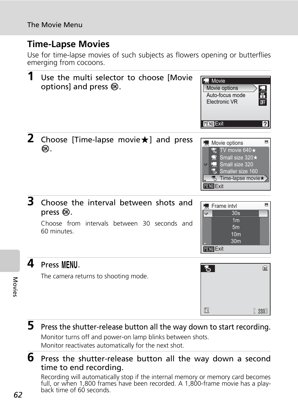 Time-lapse movies | Nikon Coolpix S200 User Manual | Page 76 / 152