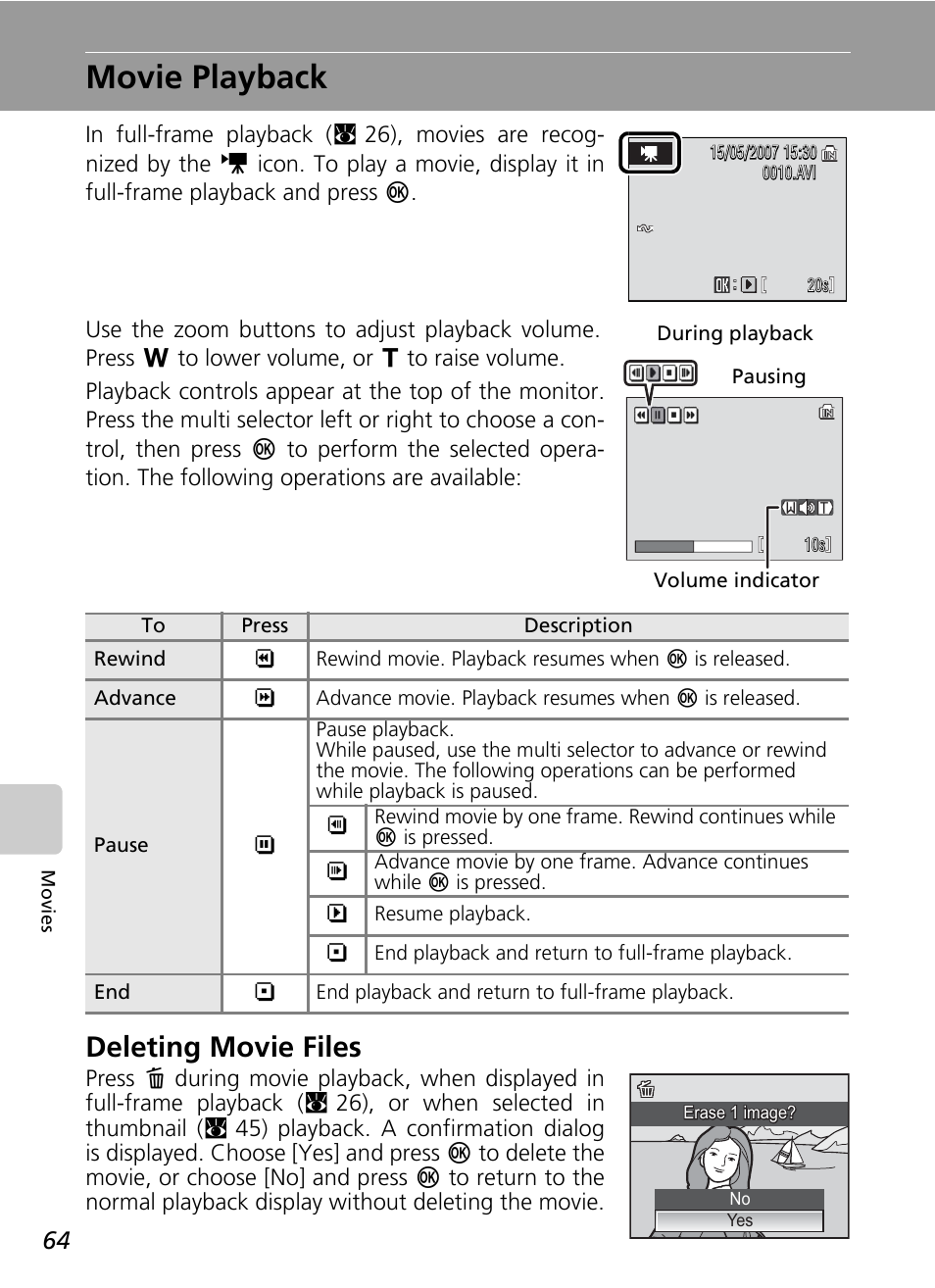 Movie playback, Deleting movie files | Nikon Coolpix S200 User Manual | Page 78 / 152