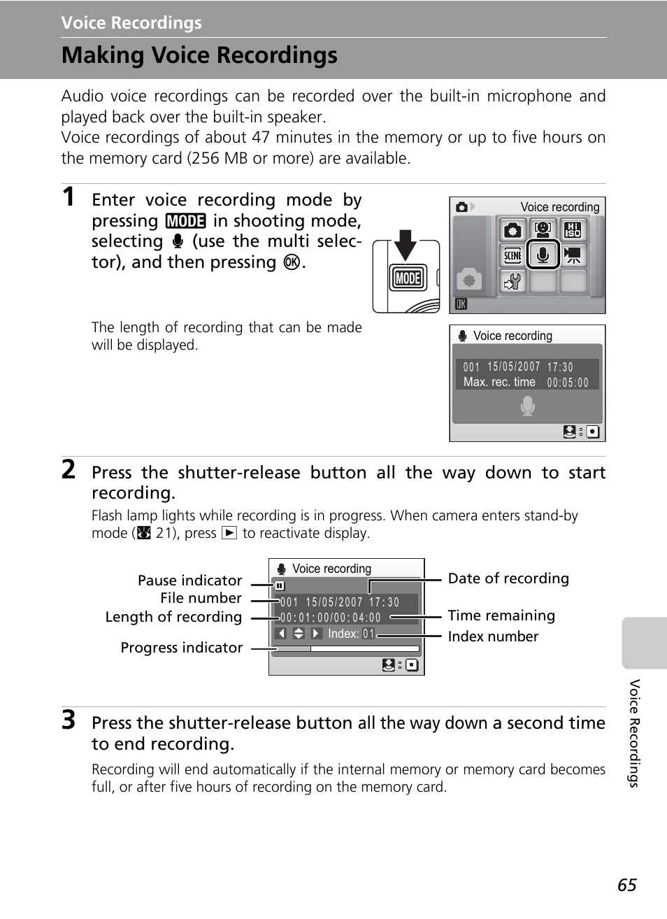 Voice recordings, Making voice recordings | Nikon Coolpix S200 User Manual | Page 79 / 152