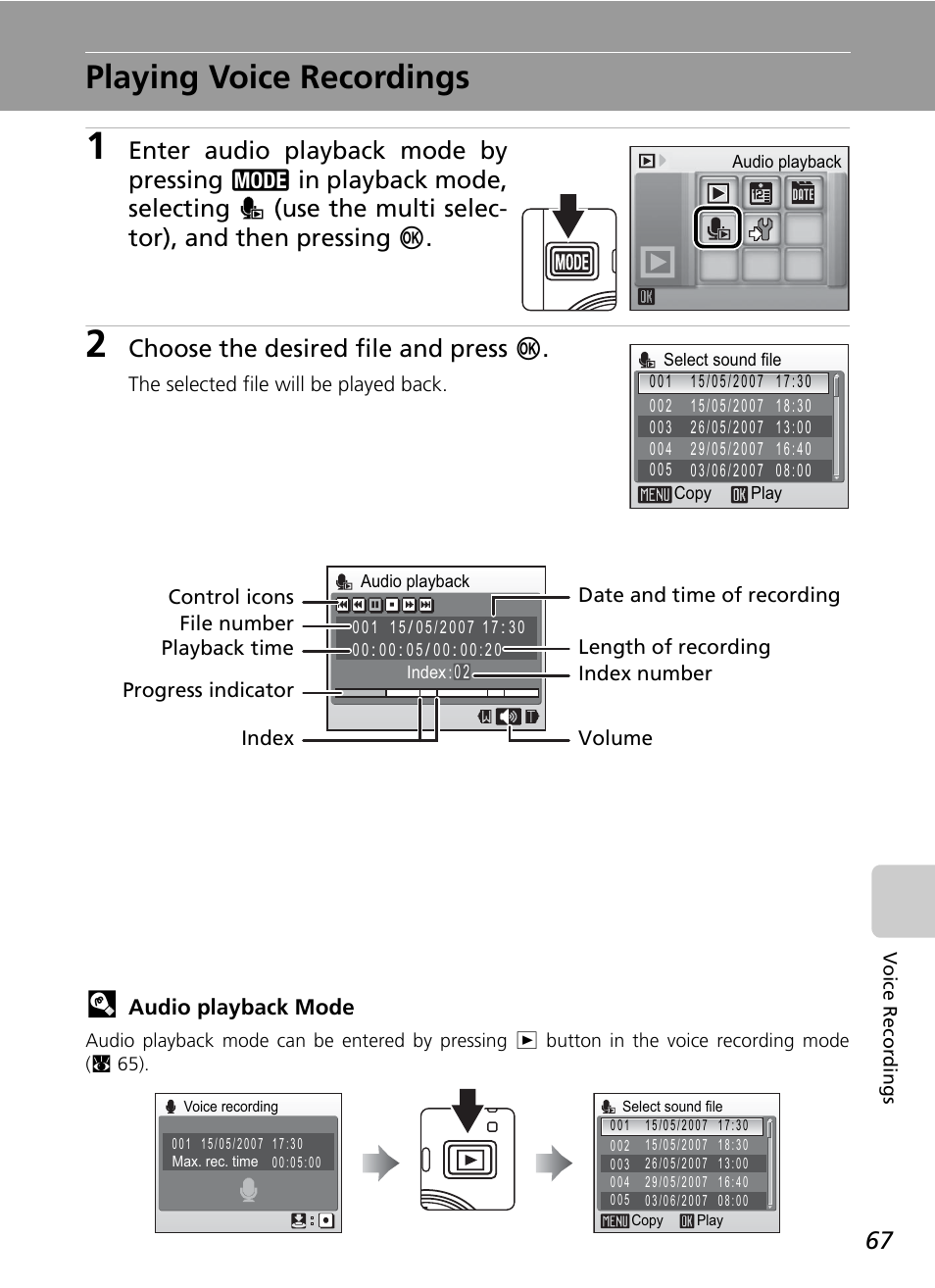 Playing voice recordings, Choose the desired file and press d | Nikon Coolpix S200 User Manual | Page 81 / 152