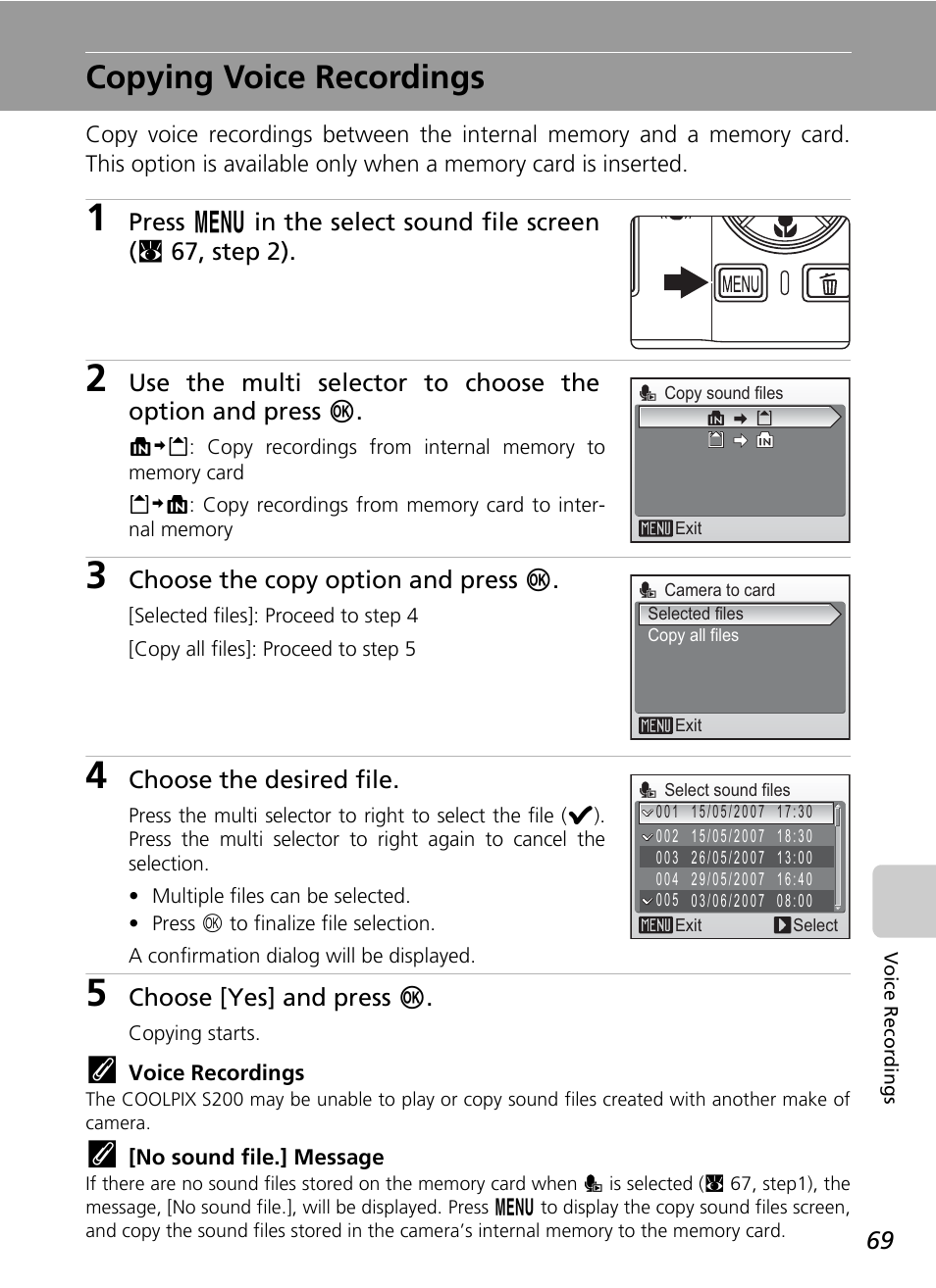 Copying voice recordings | Nikon Coolpix S200 User Manual | Page 83 / 152
