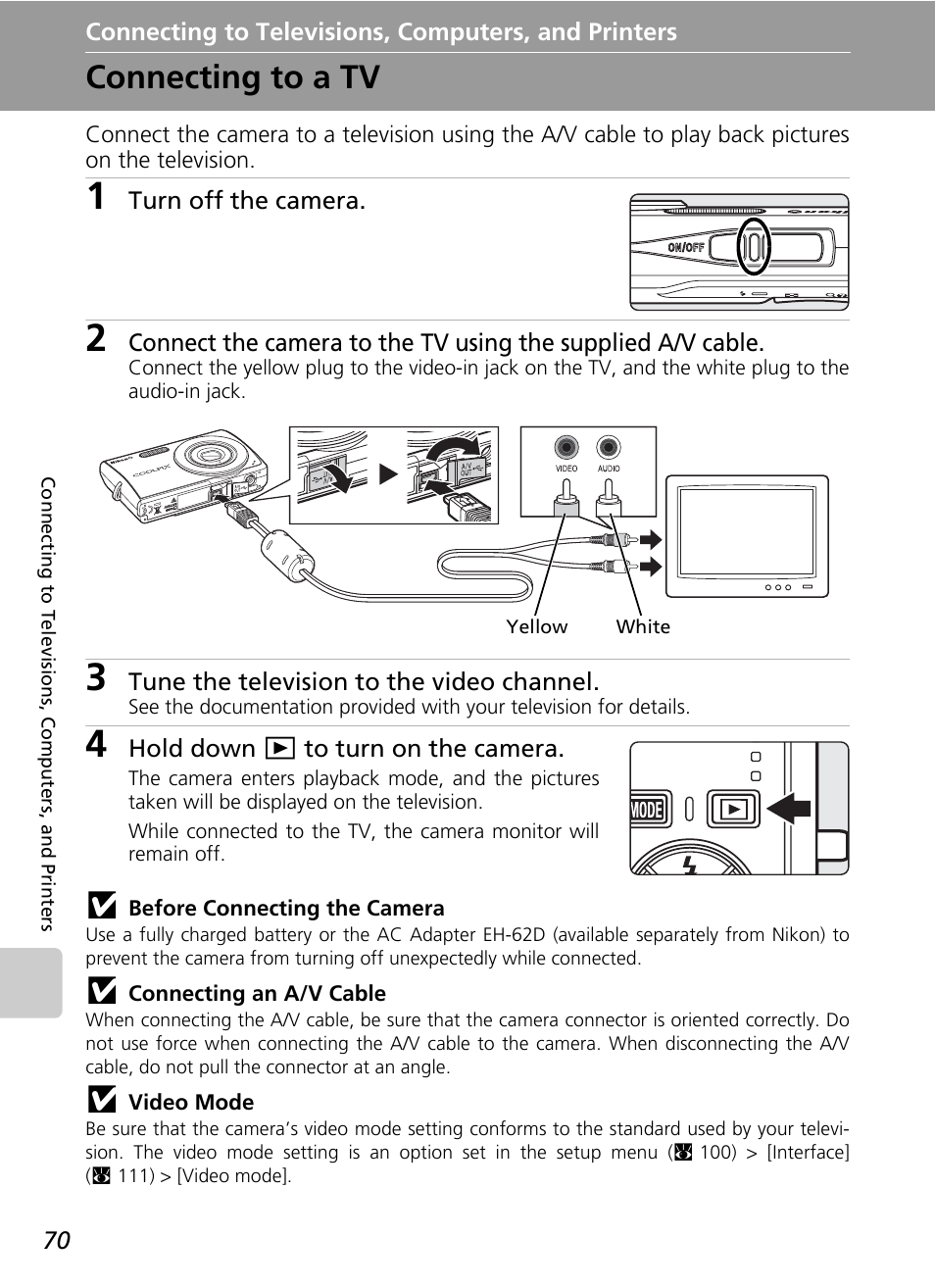 Connecting to televisions, computers, and printers, Connecting to a tv | Nikon Coolpix S200 User Manual | Page 84 / 152