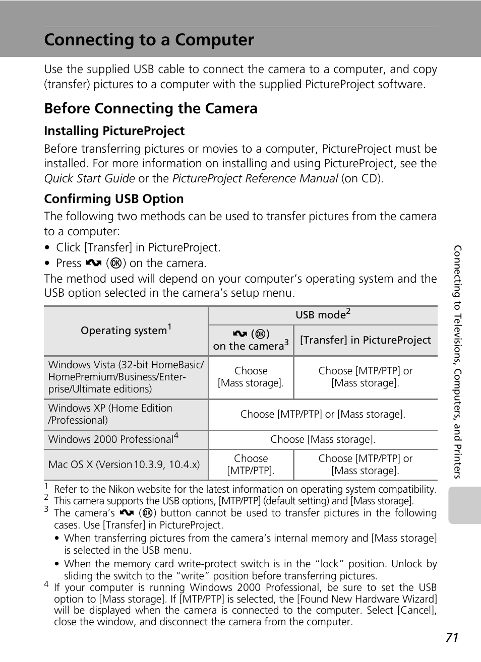 Connecting to a computer, Before connecting the camera, Installing pictureproject | Confirming usb option | Nikon Coolpix S200 User Manual | Page 85 / 152