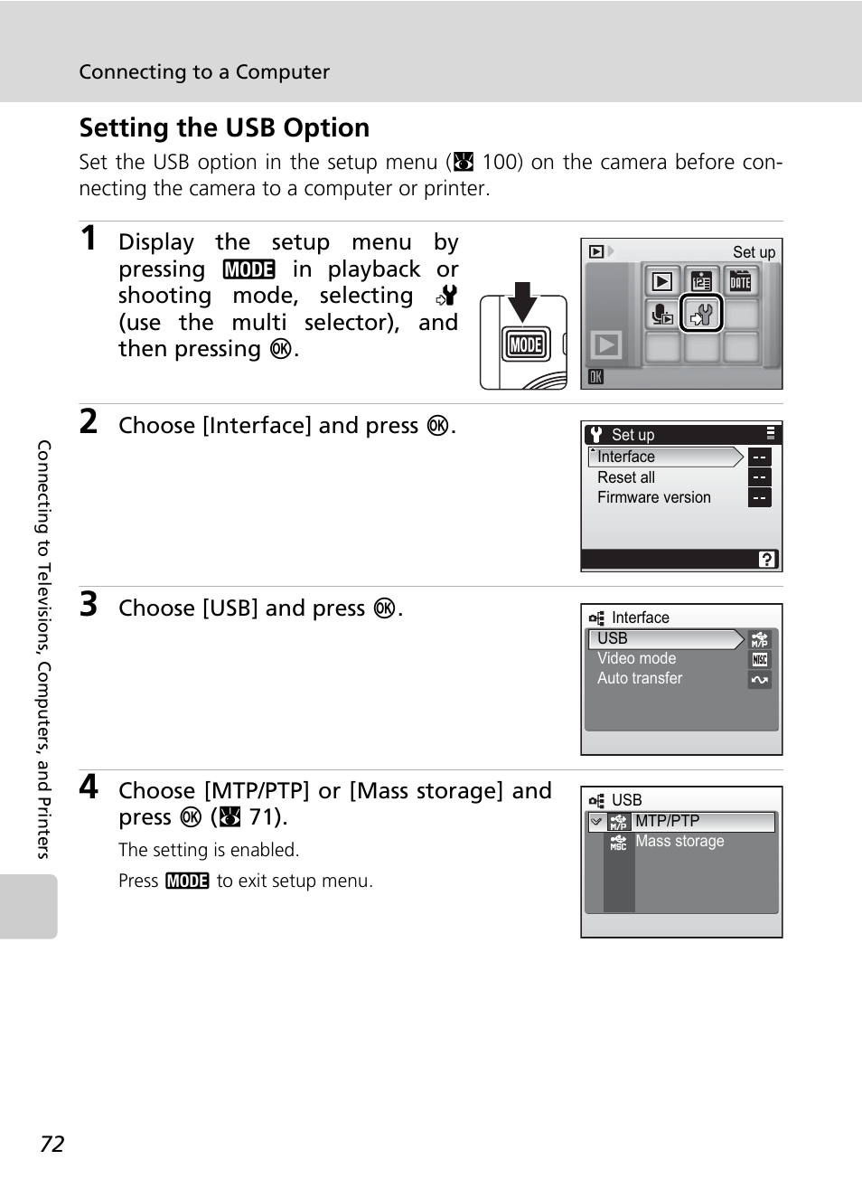 Setting the usb option | Nikon Coolpix S200 User Manual | Page 86 / 152