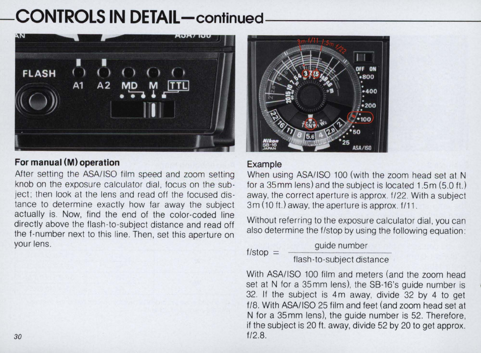 Md (synchronization with motor drive), Exposure calculator dial, 1)set the film speed | Set the film speed, Controls in detail —continued | Nikon SPEEDLIGHT SB-16 User Manual | Page 30 / 100