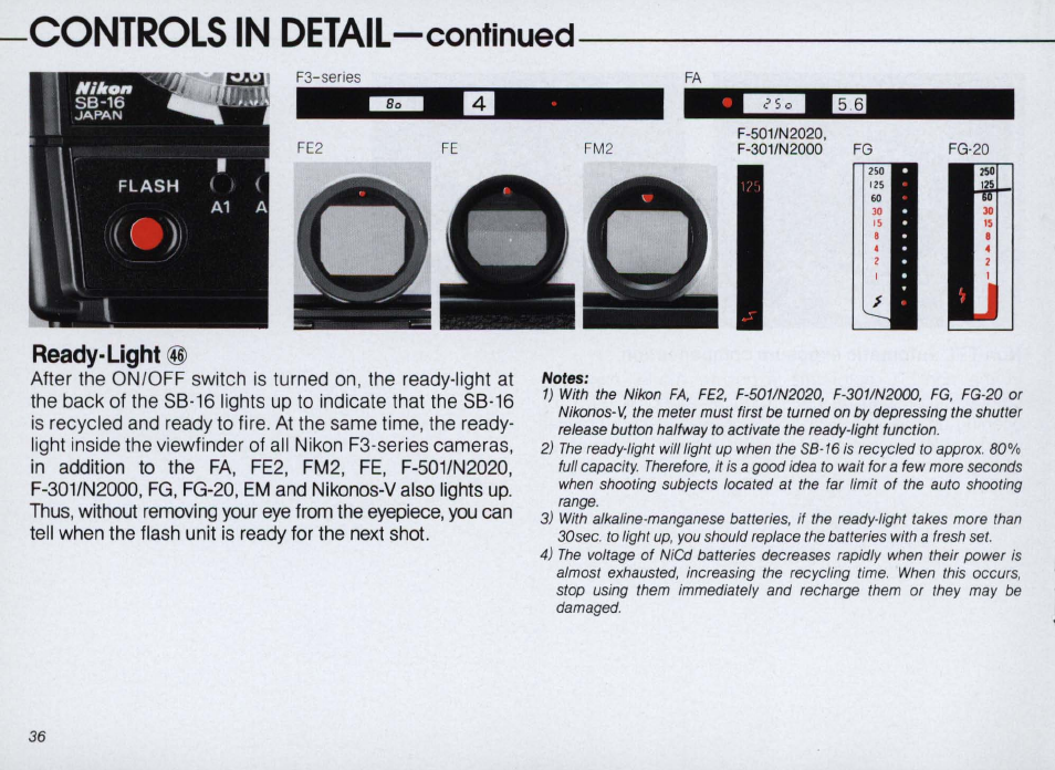 For non-ttl automatic (a) operation, A (non-ttl automatic operation), Controls in detail —continued | Nikon SPEEDLIGHT SB-16 User Manual | Page 36 / 100