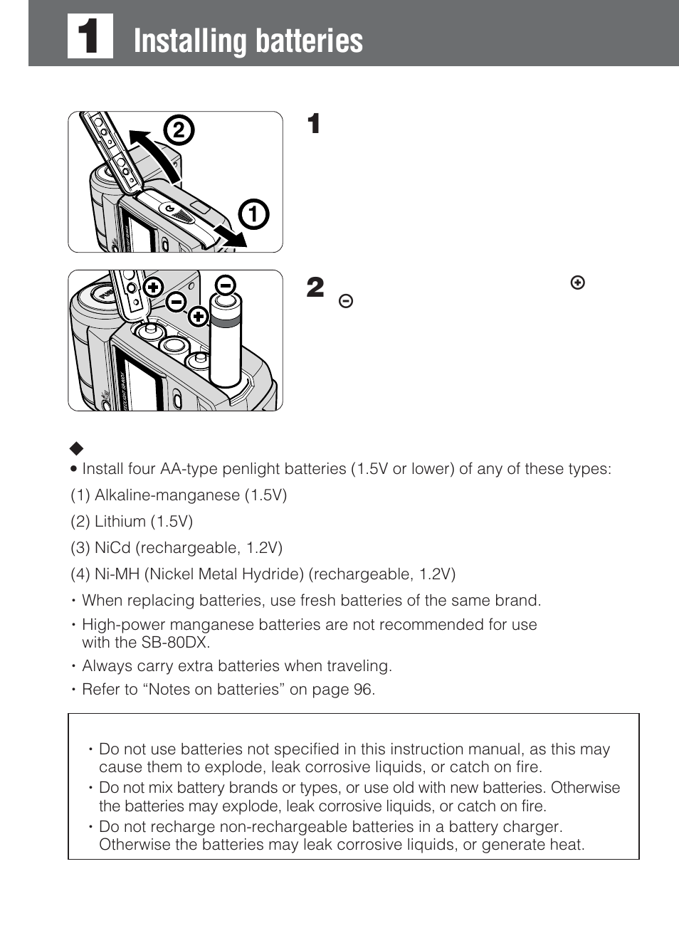 Installing batteries | Nikon SB-80DX User Manual | Page 16 / 108