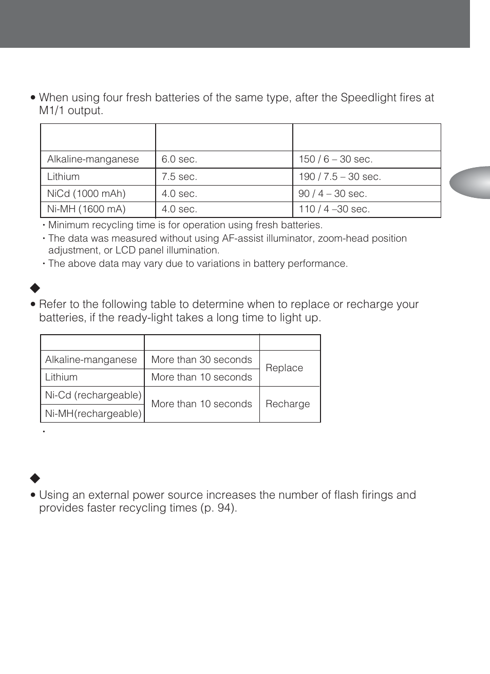 Lreplacing / recharging the batteries, Lexternal power sources | Nikon SB-80DX User Manual | Page 17 / 108
