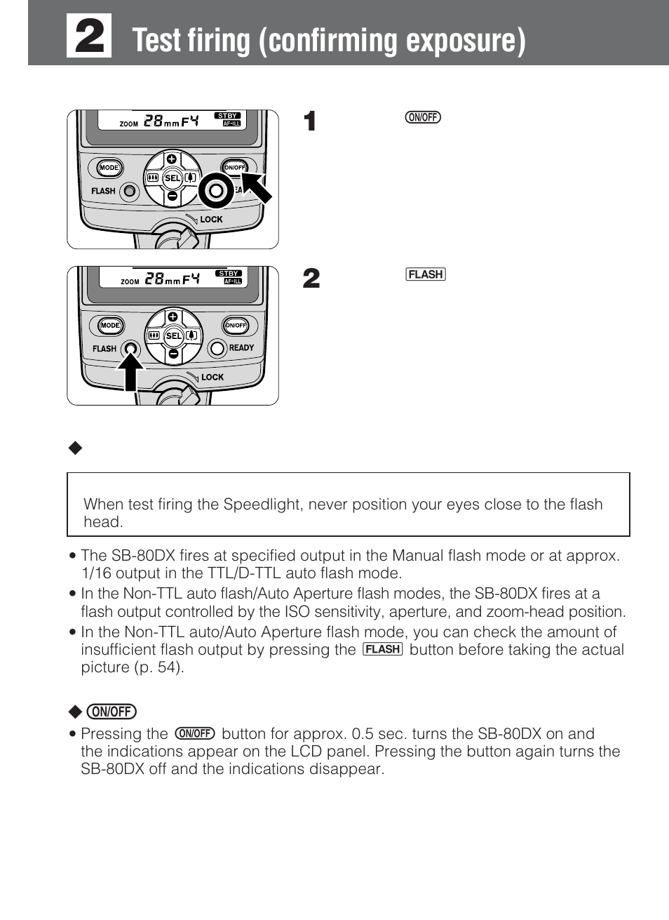 Test firing (confirming exposure) | Nikon SB-80DX User Manual | Page 18 / 108