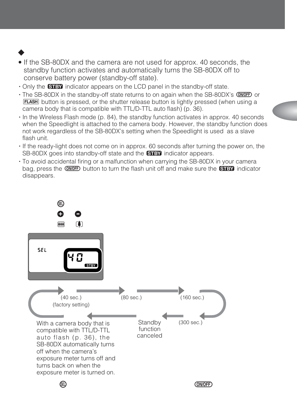 Lstandby function to conserve battery power | Nikon SB-80DX User Manual | Page 19 / 108