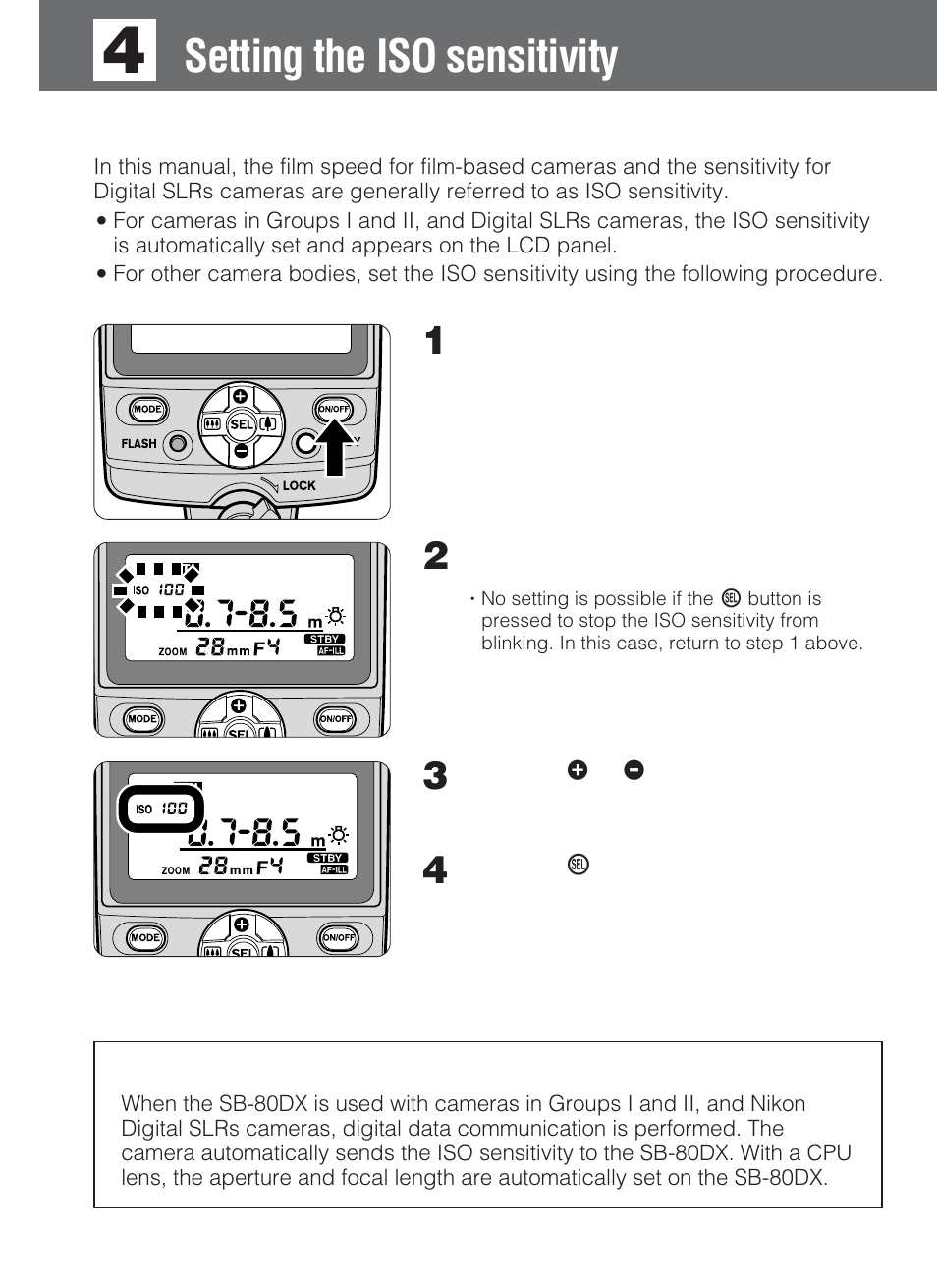 Setting the iso sensitivity | Nikon SB-80DX User Manual | Page 22 / 108