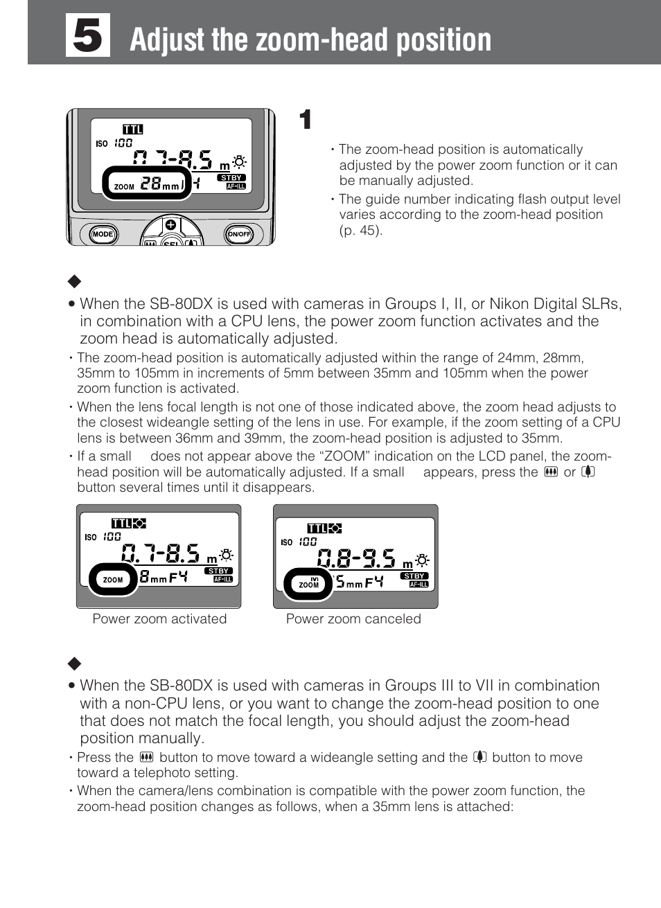 Adjust the zoom-head position, Lthe power zoom function, Lsetting the zoom-head position manually | Nikon SB-80DX User Manual | Page 24 / 108