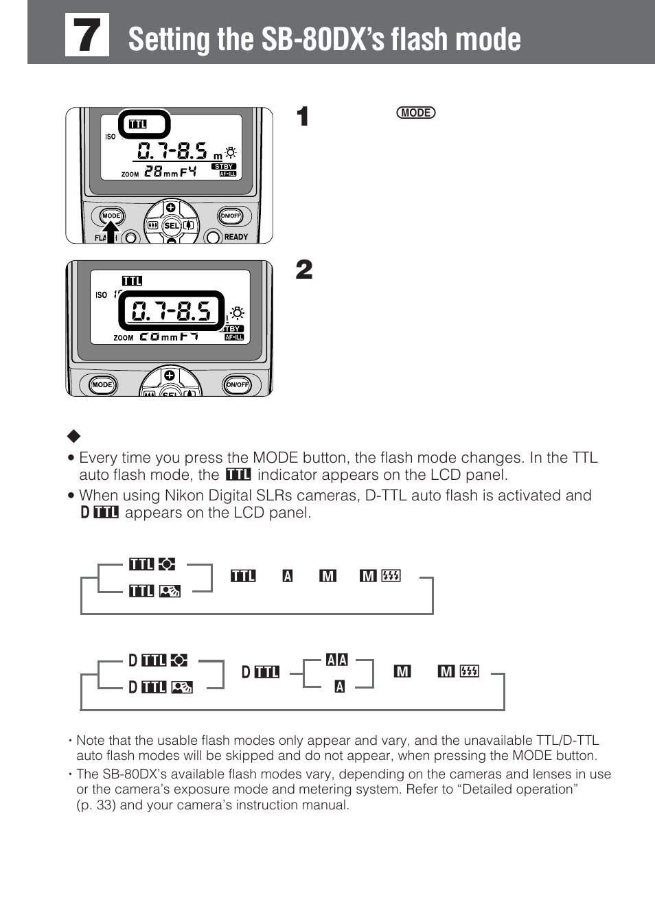 Setting the sb-80dx’s flash mode, Lttl/d-ttl auto flash mode (p. 35) | Nikon SB-80DX User Manual | Page 28 / 108